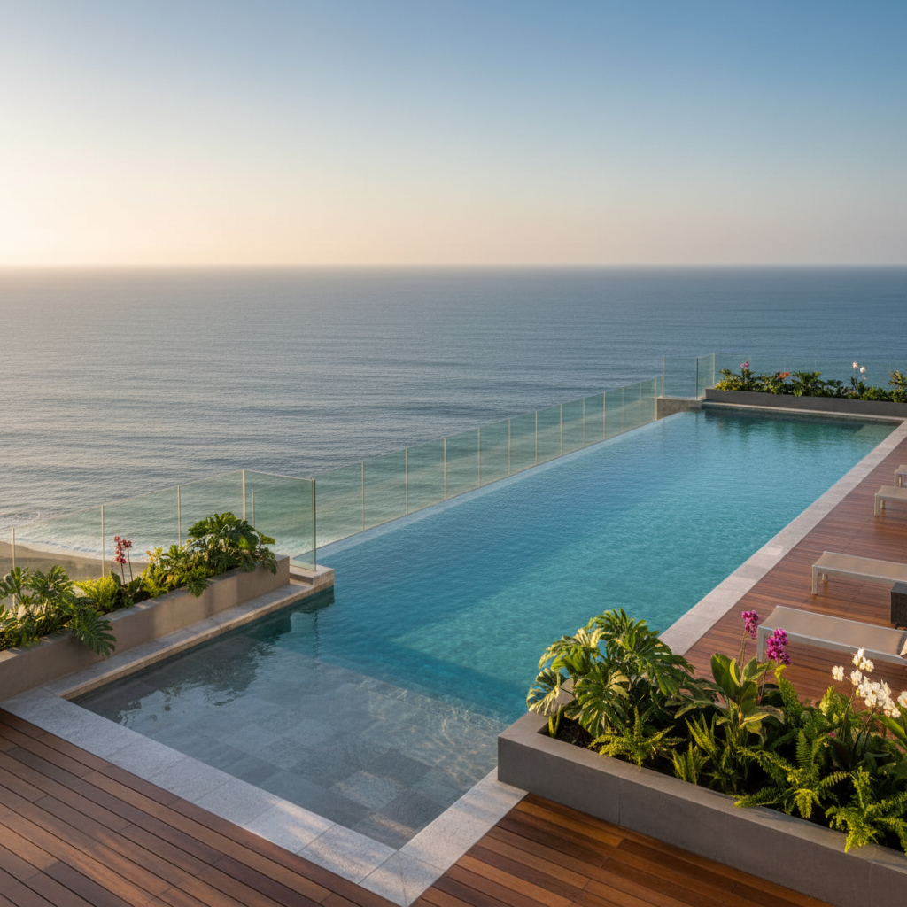 A luxurious rooftop infinity pool atop a contemporary high-rise in Manta, its crystal-clear turquoise water seemingly merging with the deep blue Pacific Ocean beyond. The pool is lined with smooth light-gray stone tiles and framed by glass safety railings that preserve the panoramic sea view. Sleek wooden decking surrounds the pool, with minimalist planters filled with well-groomed tropical foliage. Soft, warm sunset light casts a golden sheen over the water’s surface and highlights the clean architectural lines. Photographed from a slightly elevated angle, the composition uses the rule of thirds to emphasize horizon and pool edge, with crisp, photographic realism. The mood is serene, aspirational, and refined, ideal for showcasing premium retirement real estate in a professional way.